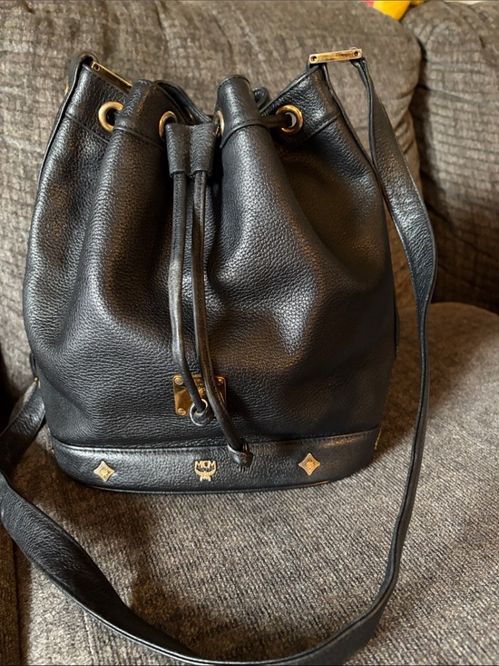MCM Black Pebbled Leather Drawstring Shoulder Bucket Bag with Gold Hardware main image 3
